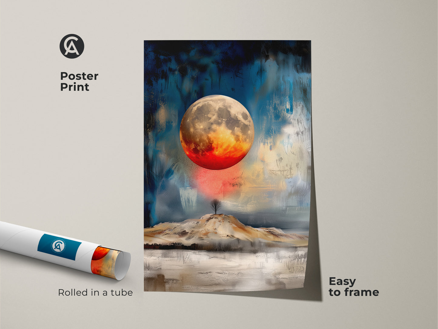 Easy to frame poster print showcases a textured abstract moon. The celestial landscape art has a vibrant red orange color palette. Rolled in a tube this space painting is perfect for creating custom wall art. Ideal for modern abstract decor lovers.