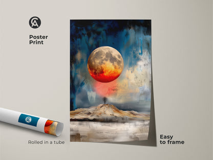 Easy to frame poster print showcases a textured abstract moon. The celestial landscape art has a vibrant red orange color palette. Rolled in a tube this space painting is perfect for creating custom wall art. Ideal for modern abstract decor lovers.