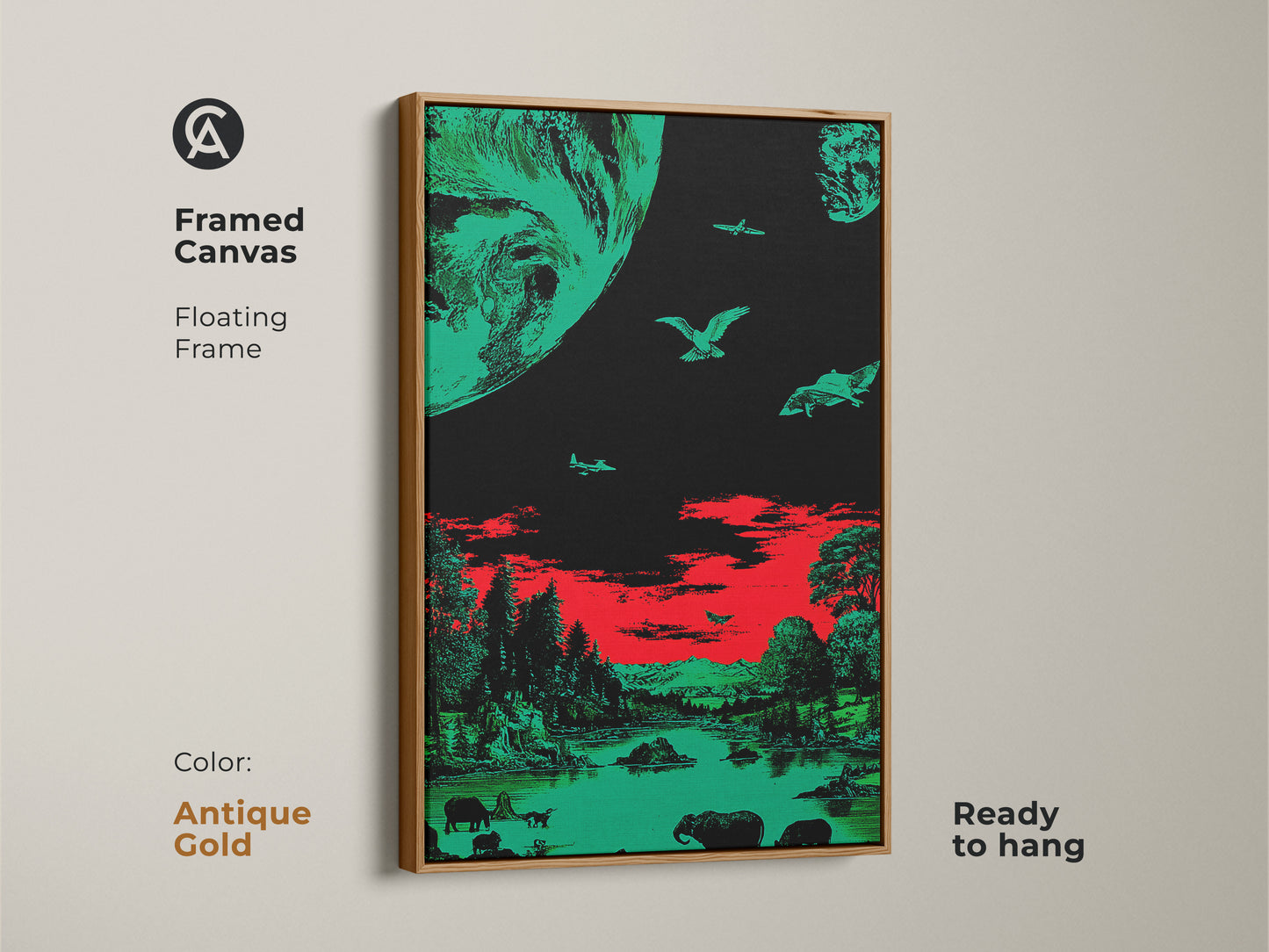 Framed canvas with a surreal emerald green and red space theme. The antique gold frame adds a vintage touch to this retro sci-fi wildlife artwork. Ready to hang with a floating frame. Perfect for unique wall art. It offers alien planet art.