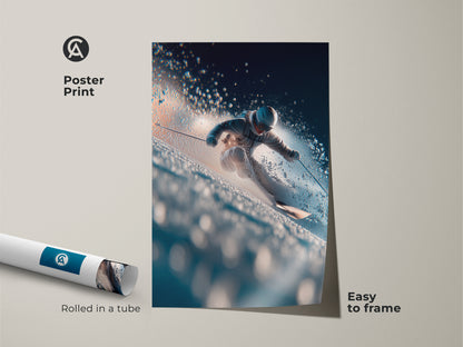 Poster print of a skier speeding down a mountain. The artwork is rolled in a tube for protection. Easy to frame and display. A great gift for winter sports lovers and ski enthusiasts.