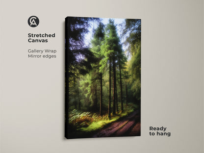Stretched canvas featuring emerald green pine trees. This rustic forest path wall art has mirror edges. Ready to hang it adds nature to your home. A perfect housewarming gift for nature lovers. The deep green hues create a calming atmosphere.