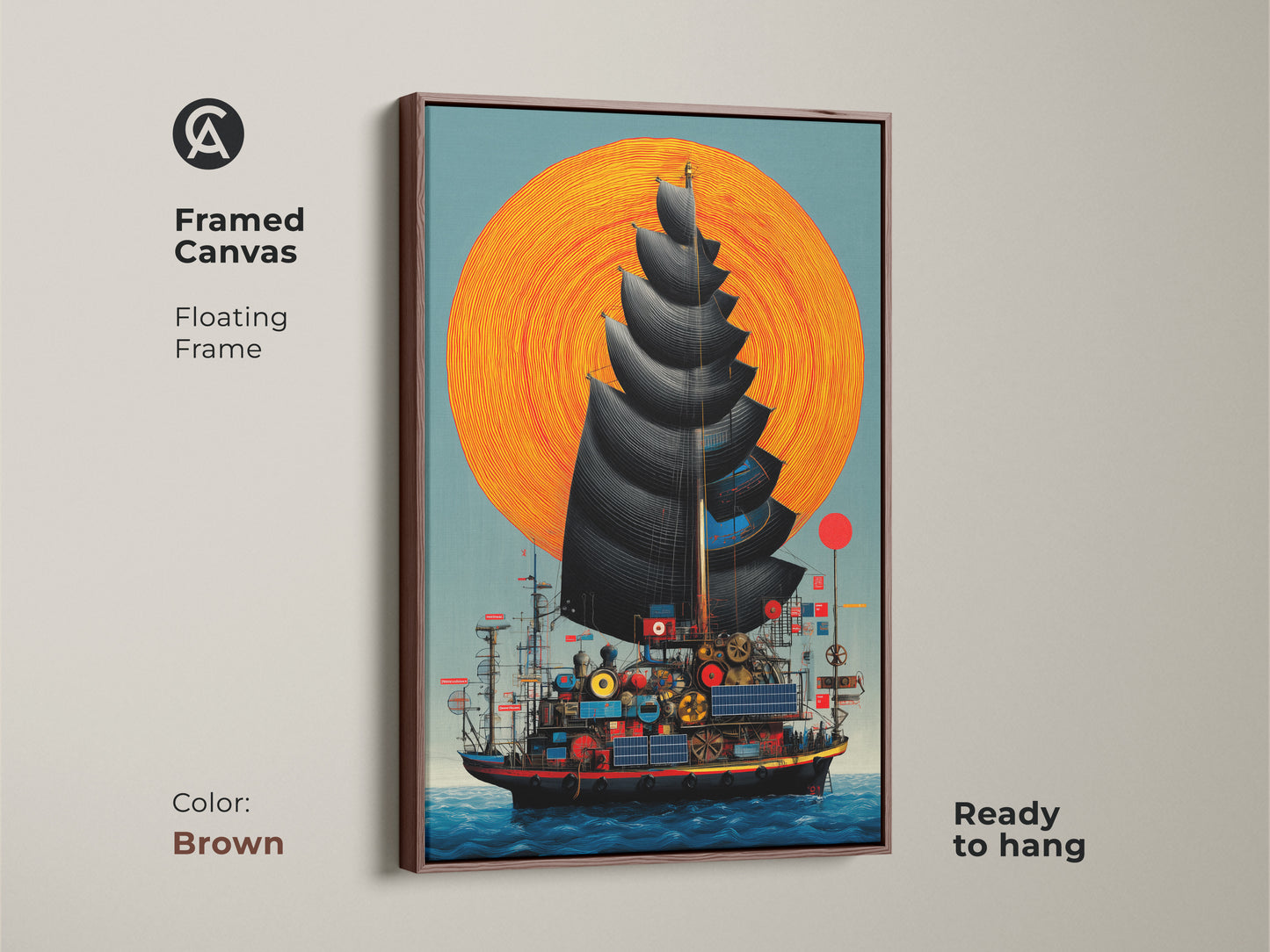 A framed canvas in brown featuring steampunk ship art. This fantasy nautical print shows a junk ship under an orange sun. Ready to hang this wall art makes a unique steampunk gift idea for him.