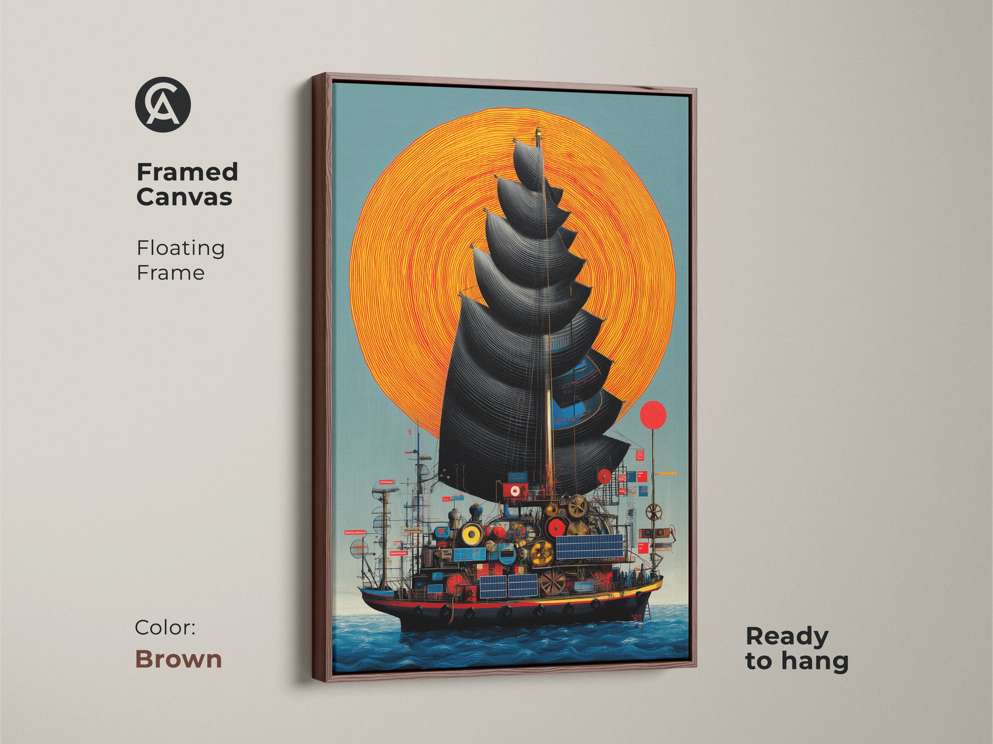 A framed canvas in brown featuring steampunk ship art. This fantasy nautical print shows a junk ship under an orange sun. Ready to hang this wall art makes a unique steampunk gift idea for him.