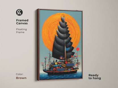 A framed canvas in brown featuring steampunk ship art. This fantasy nautical print shows a junk ship under an orange sun. Ready to hang this wall art makes a unique steampunk gift idea for him.