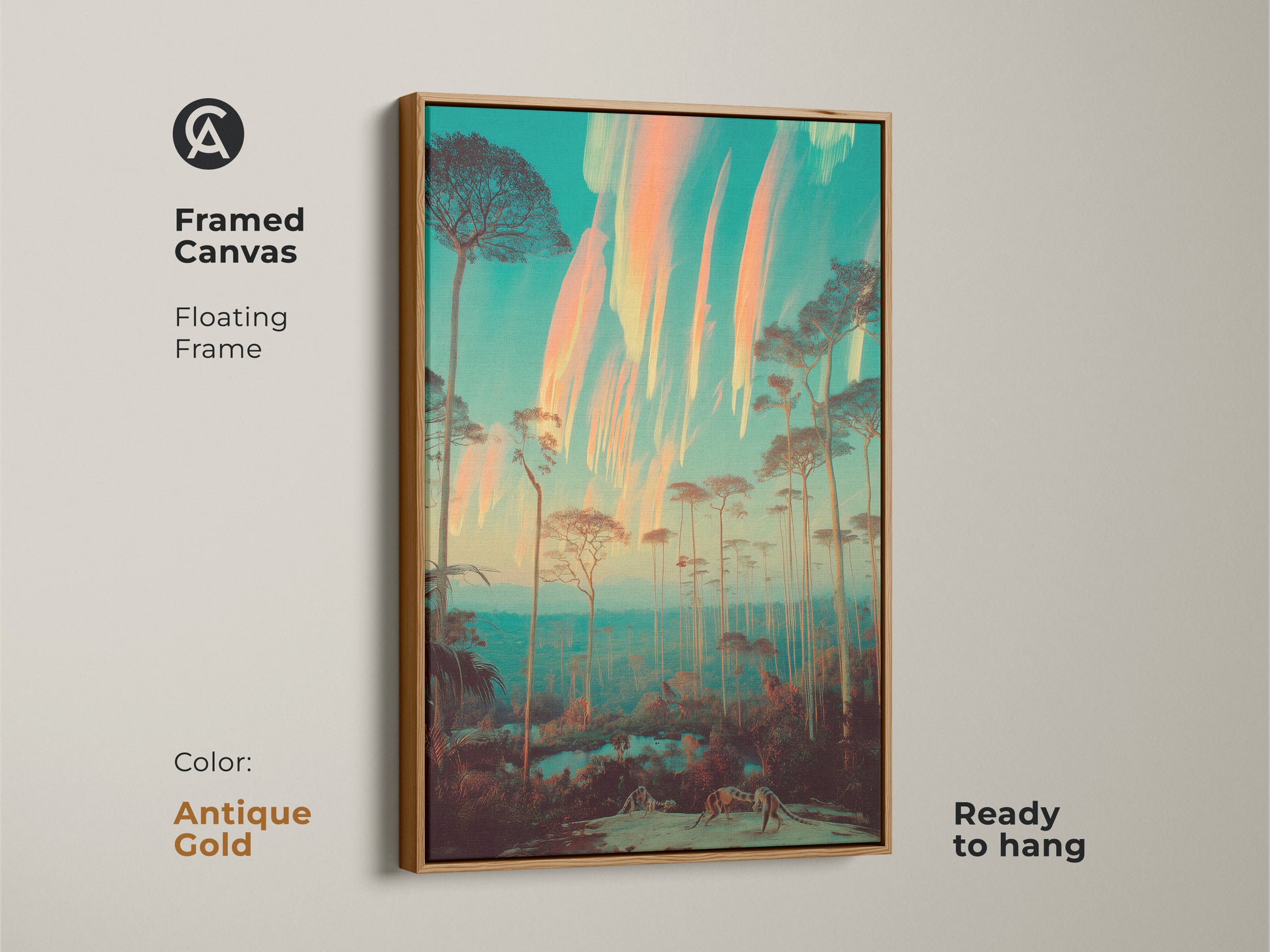This surreal forest art with an antique gold frame elevates any living space. The tall slender trees create a dreamlike landscape with a teal and orange sky. Ready to hang this nature inspired artwork adds a touch of eclectic charm to your home decor. A unique choice for wanderlust wall art.