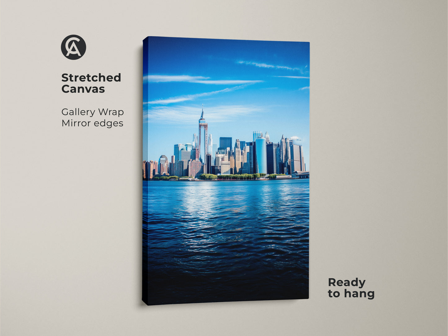 A stretched canvas art of the NYC skyline with gallery wrap & mirror edges. The ready to hang canvas art showcases a modern blue urban photography style perfect for office decor or a gift.