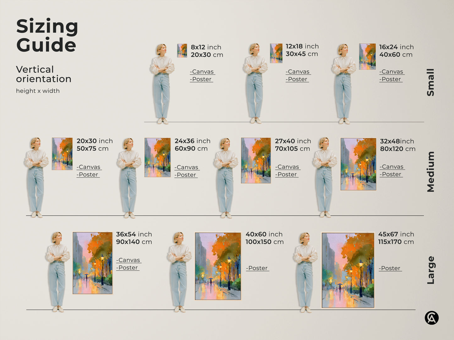 Sizing guide showcasing the expressive cityscape art in vertical orientation. Available in small medium and large sizes. See how the canvas or poster art fits in various spaces. Perfect for bedroom living room or housewarming gift.