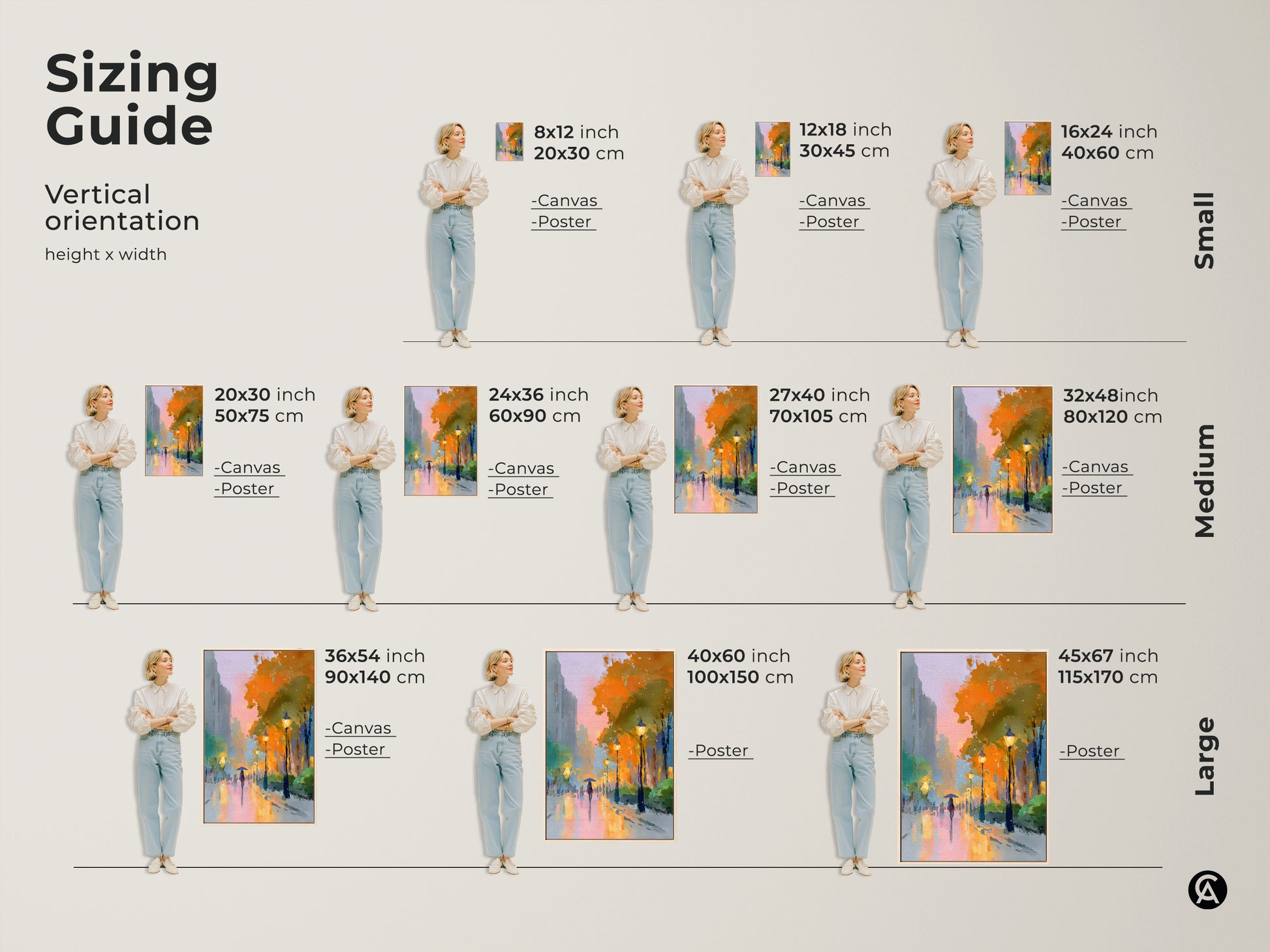 Sizing guide showcasing the expressive cityscape art in vertical orientation. Available in small medium and large sizes. See how the canvas or poster art fits in various spaces. Perfect for bedroom living room or housewarming gift.