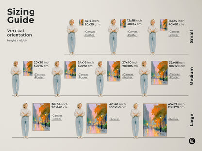 Sizing guide showcasing the expressive cityscape art in vertical orientation. Available in small medium and large sizes. See how the canvas or poster art fits in various spaces. Perfect for bedroom living room or housewarming gift.