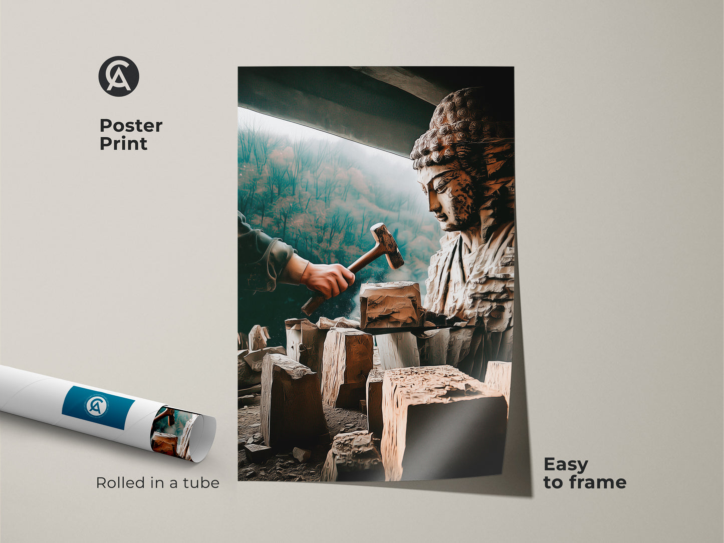 Spiritual Buddha sculpture art as a poster print. This artistic figurine canvas print features bronze brown and teal spiritual art. The poster is rolled in a tube for easy framing. It's perfect for meditation room decor or study room wall art. This carved Buddha artwork enhances mindful living