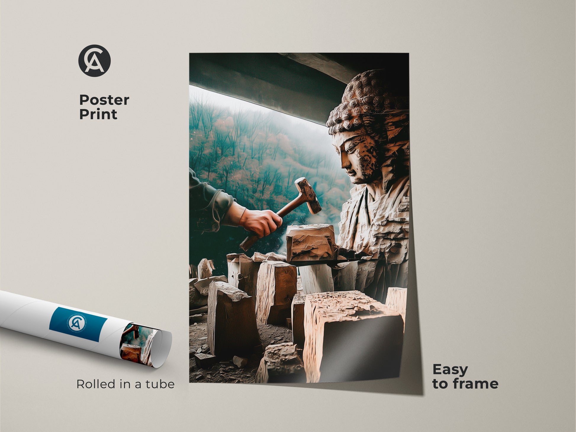 Spiritual Buddha sculpture art as a poster print. This artistic figurine canvas print features bronze brown and teal spiritual art. The poster is rolled in a tube for easy framing. It's perfect for meditation room decor or study room wall art. This carved Buddha artwork enhances mindful living