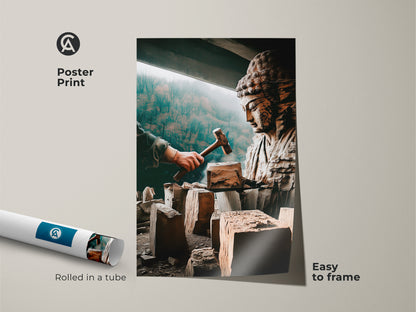 Spiritual Buddha sculpture art as a poster print. This artistic figurine canvas print features bronze brown and teal spiritual art. The poster is rolled in a tube for easy framing. It's perfect for meditation room decor or study room wall art. This carved Buddha artwork enhances mindful living