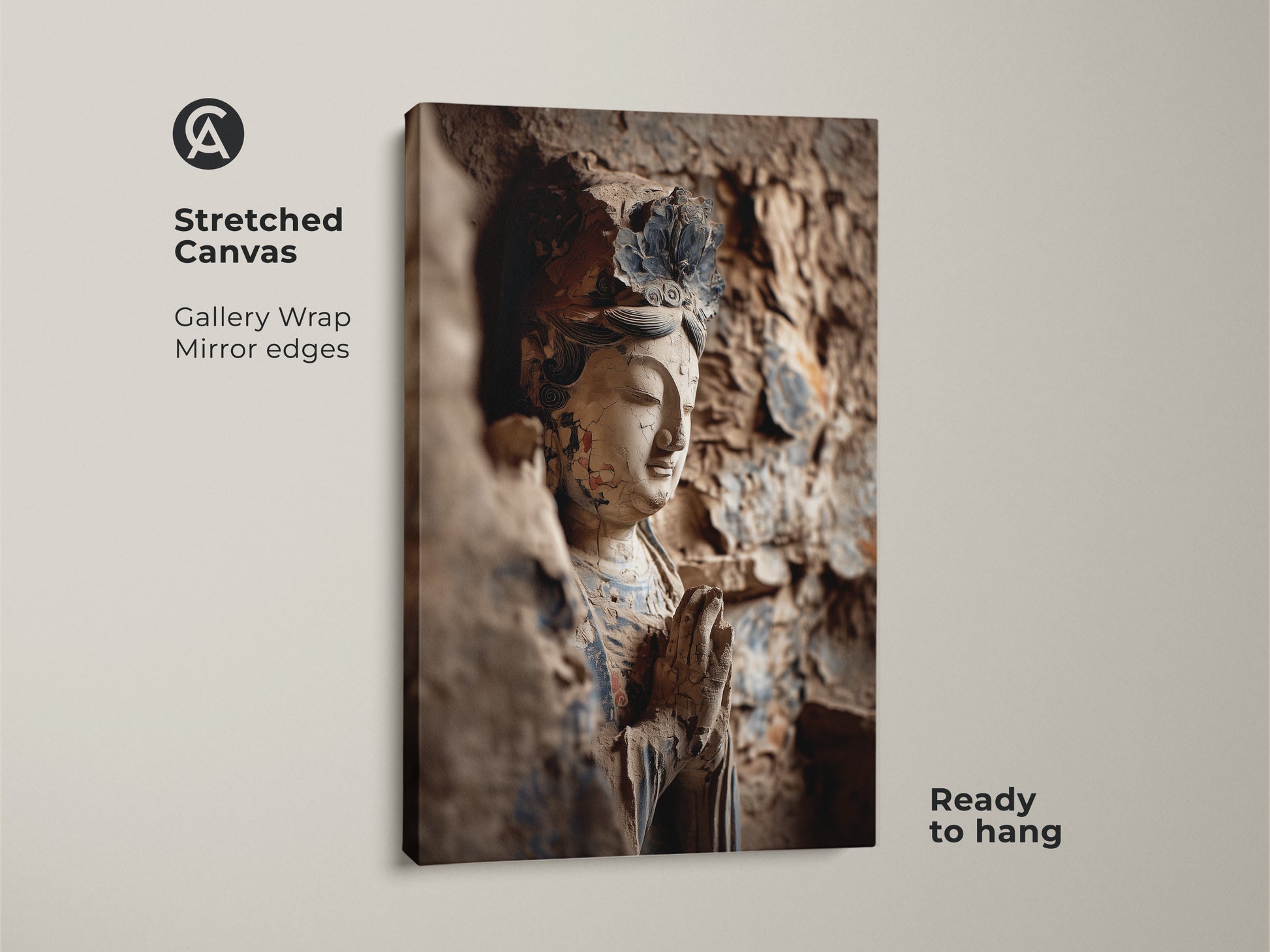 A stretched canvas displays a Buddha statue artwork. The gallery wrap features mirror edges. Ready to hang this zen buddhist art print. It will bring peace to any space.