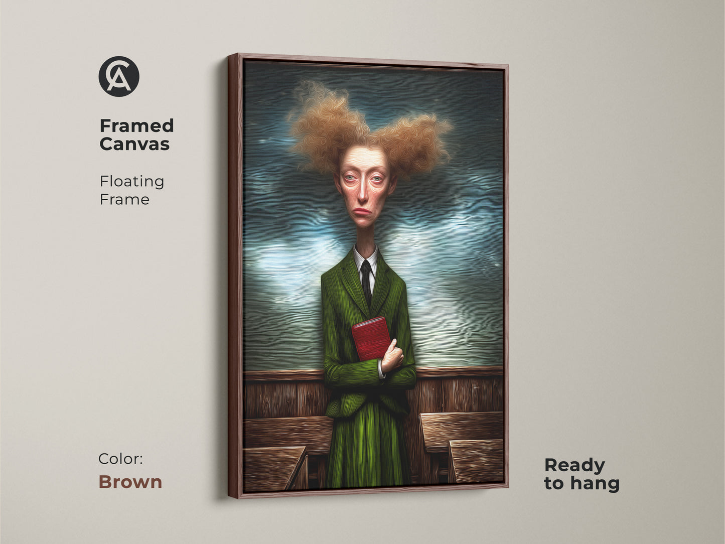 A framed canvas art print shows a surreal woman in a green suit portrait. She is holding a red book. This quirky figurative wall art has a floating brown frame. It's an ideal piece for eclectic study decor and is ready to hang. The brown frame complements the artwork's unique style.