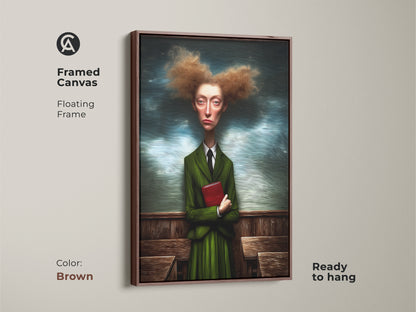 A framed canvas art print shows a surreal woman in a green suit portrait. She is holding a red book. This quirky figurative wall art has a floating brown frame. It's an ideal piece for eclectic study decor and is ready to hang. The brown frame complements the artwork's unique style.