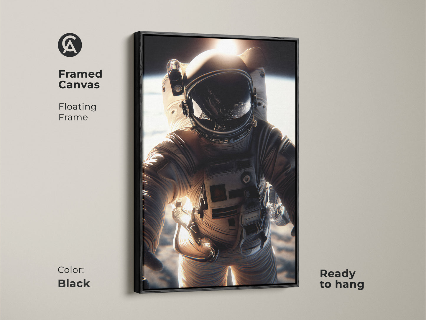 Framed canvas of an astronaut in space with black floating frame. This ready-to-hang artwork features a photorealistic astronaut and golden Earth view. Perfect for adding a touch of adventure to a modern room.