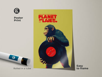 Poster print of a graphic chimpanzee holding a vinyl record. This retro music poster is easy to frame. The artwork features a lime and red color scheme. Ideal for music lovers this eclectic animal print adds a vintage touch to your home or office decor.