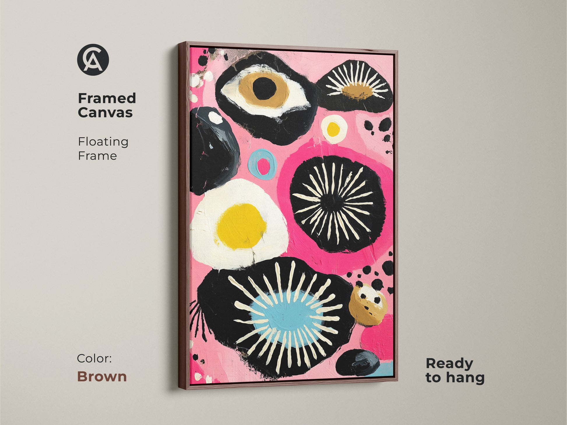 Framed canvas in brown featuring eclectic abstract floral artwork. The floating frame style complements the bold abstract painting. Makes a creative office art or birthday gift wall art.