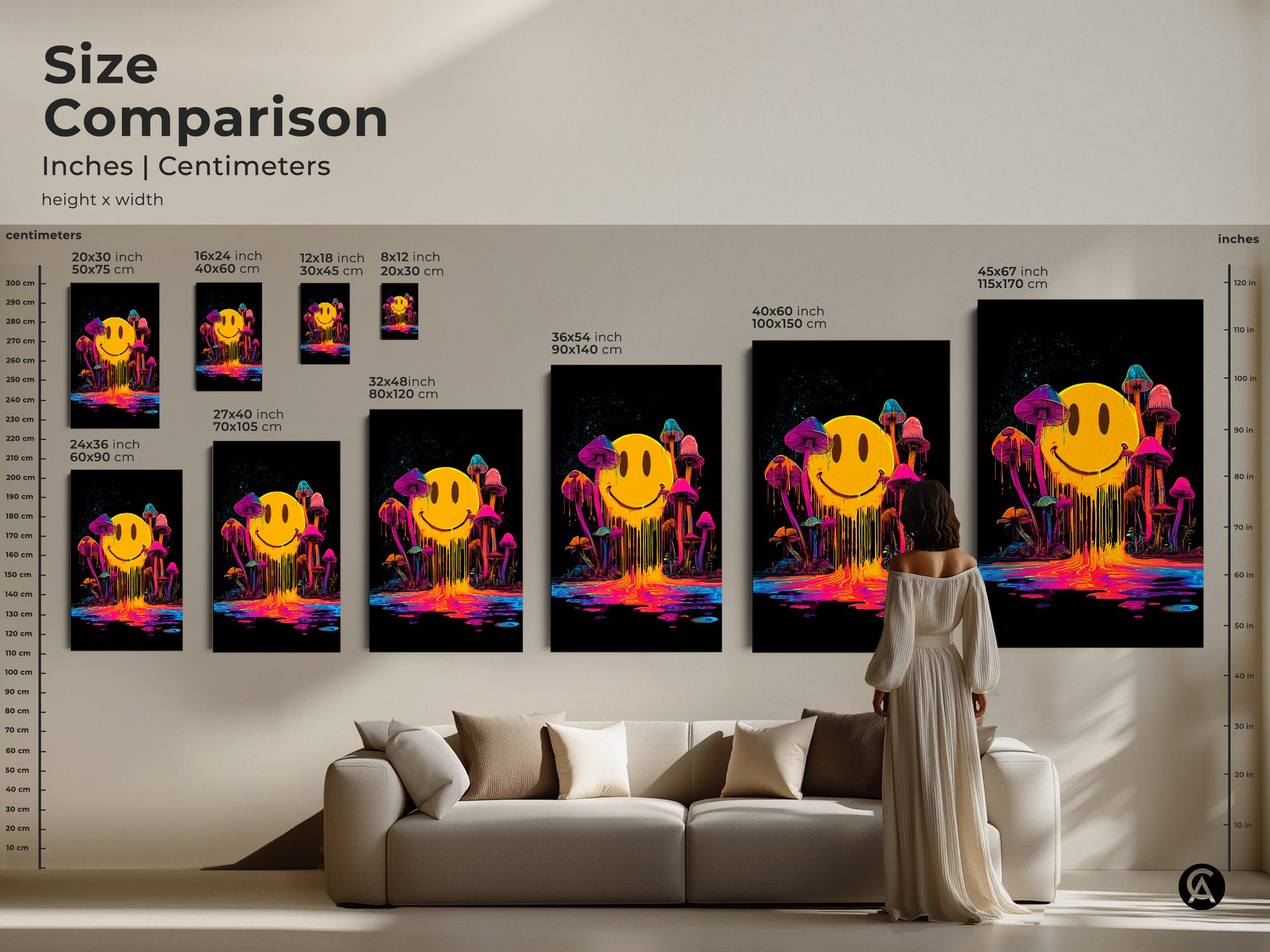 Size comparison of psychedelic art prints. Available in inches and centimeters. Sizes range from small to large. The artwork features a melting smiley face with neon dripping colors and mushrooms on a black background. Shop now