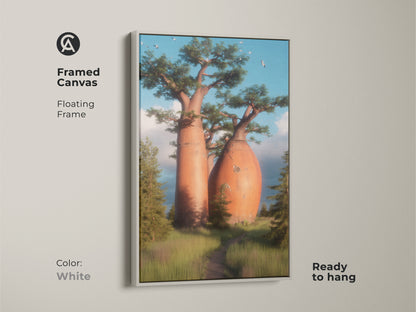 Framed canvas with a white floating frame displays a scenic African landscape. The Baobab tree art print is ready to hang. This wall art for wanderlust is perfect for boho home decor. The exotic tree canvas brings nature indoors.