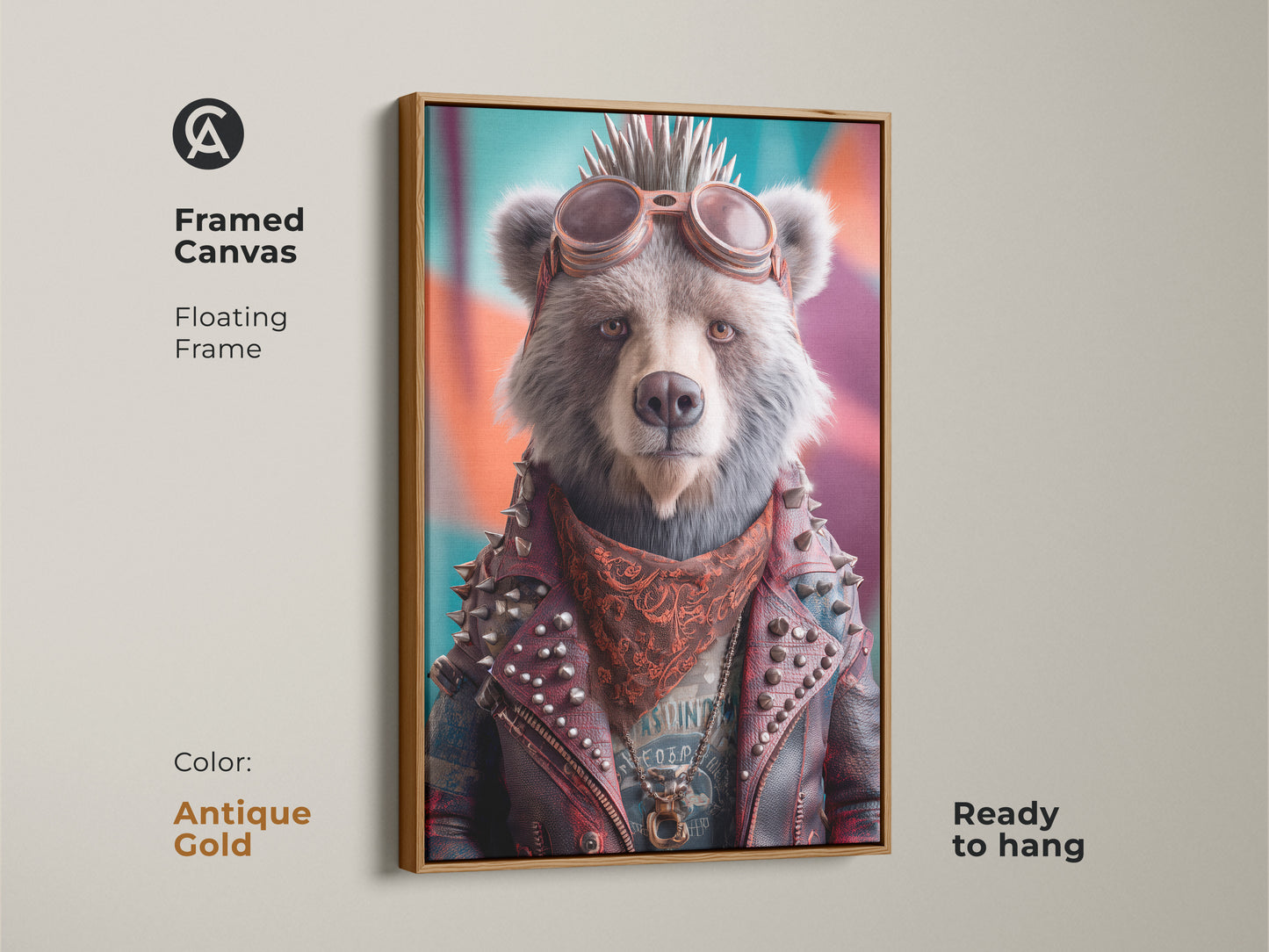 Framed canvas featuring a punk bear in a biker jacket with an antique gold floating frame. Ready to hang eclectic wall art. A unique animal portrait and rock and roll canvas print. Perfect as a birthday gift for him. The goggles bear art makes it a cool man cave art.