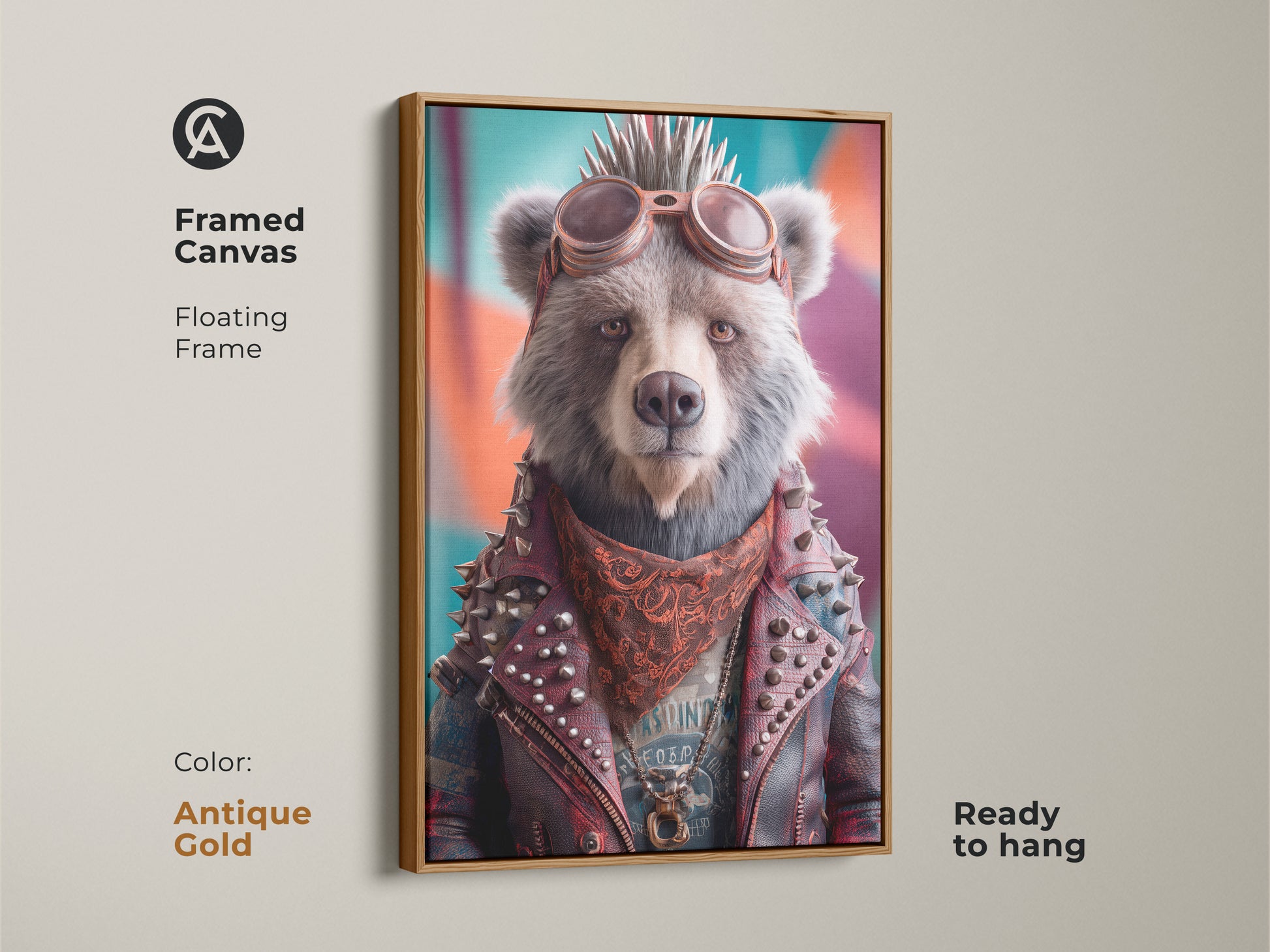 Framed canvas featuring a punk bear in a biker jacket with an antique gold floating frame. Ready to hang eclectic wall art. A unique animal portrait and rock and roll canvas print. Perfect as a birthday gift for him. The goggles bear art makes it a cool man cave art.