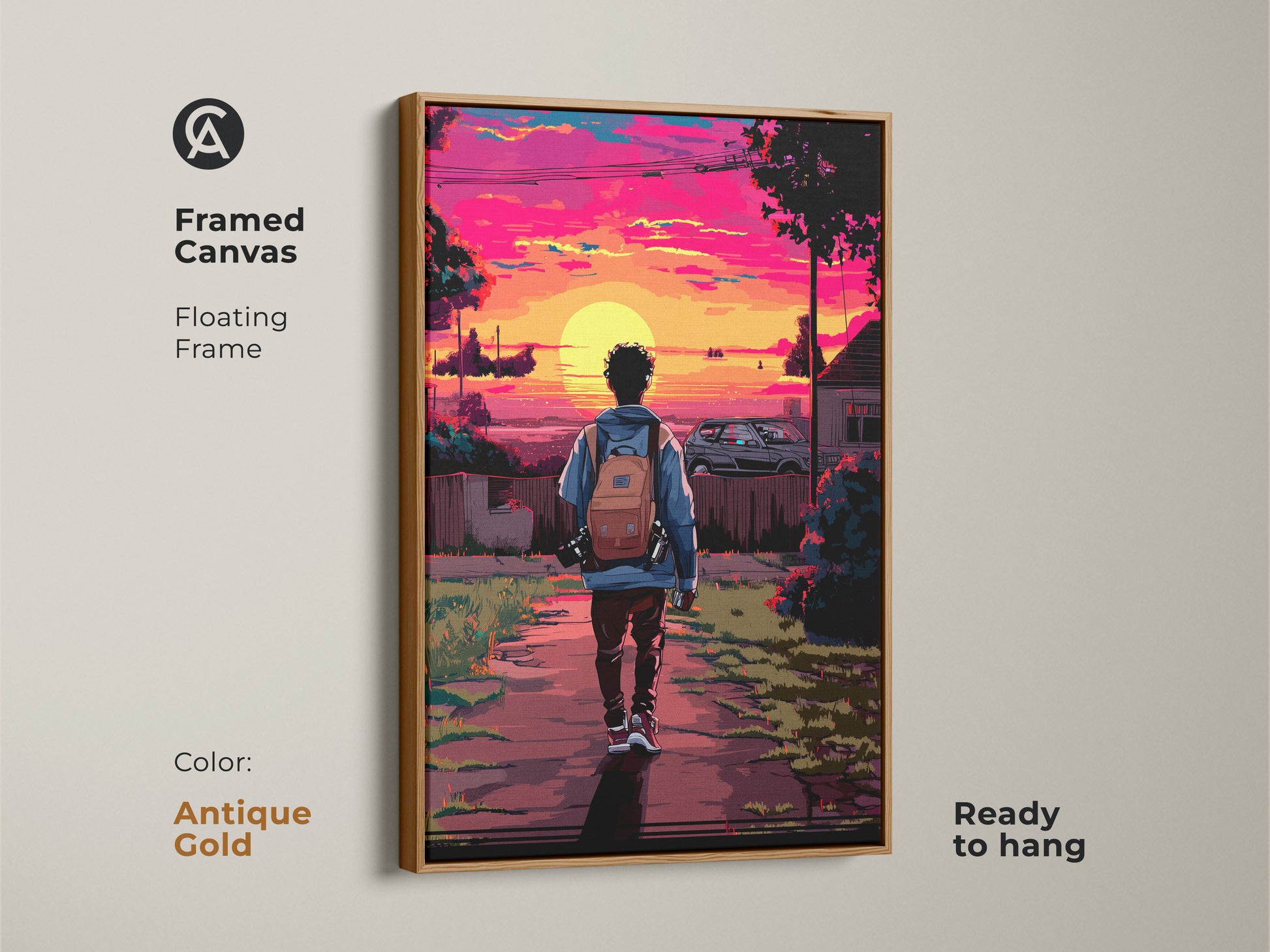 Antique Gold Framed Pixel Art Urban Sunset Canvas. This retrofuturism artwork is a person with backpack art. The sunset creates a vibrant nostalgic look. Ready to hang anime gift idea.