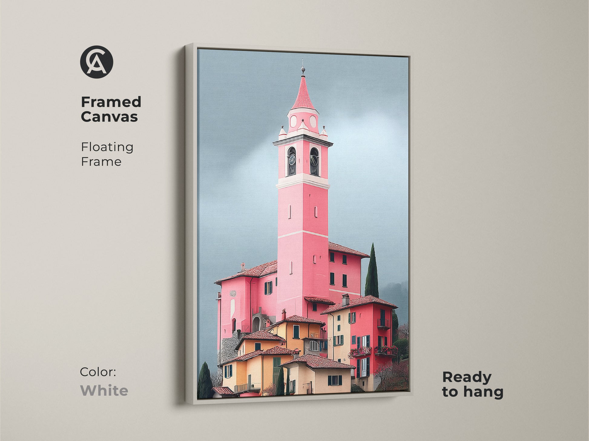Framed canvas in white displays a pink church tower art print. Floating frame complements European village artwork. Italian architecture painting adds elegance to travel decor.