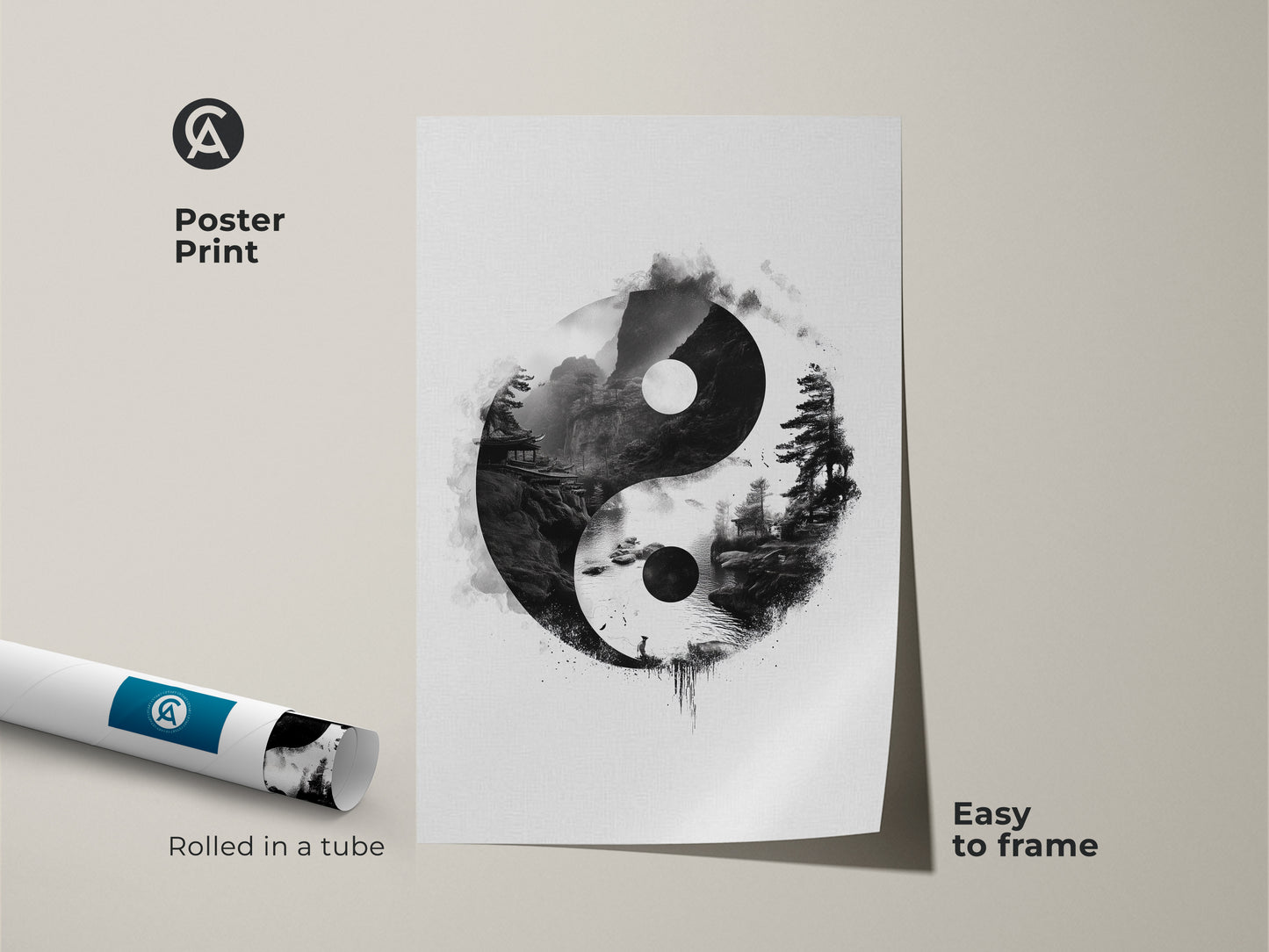 Poster Print of a Yin Yang landscape art. This Zen pagoda ink wash print has minimalist monochrome tones. The black and white spiritual artwork is easy to frame and display.