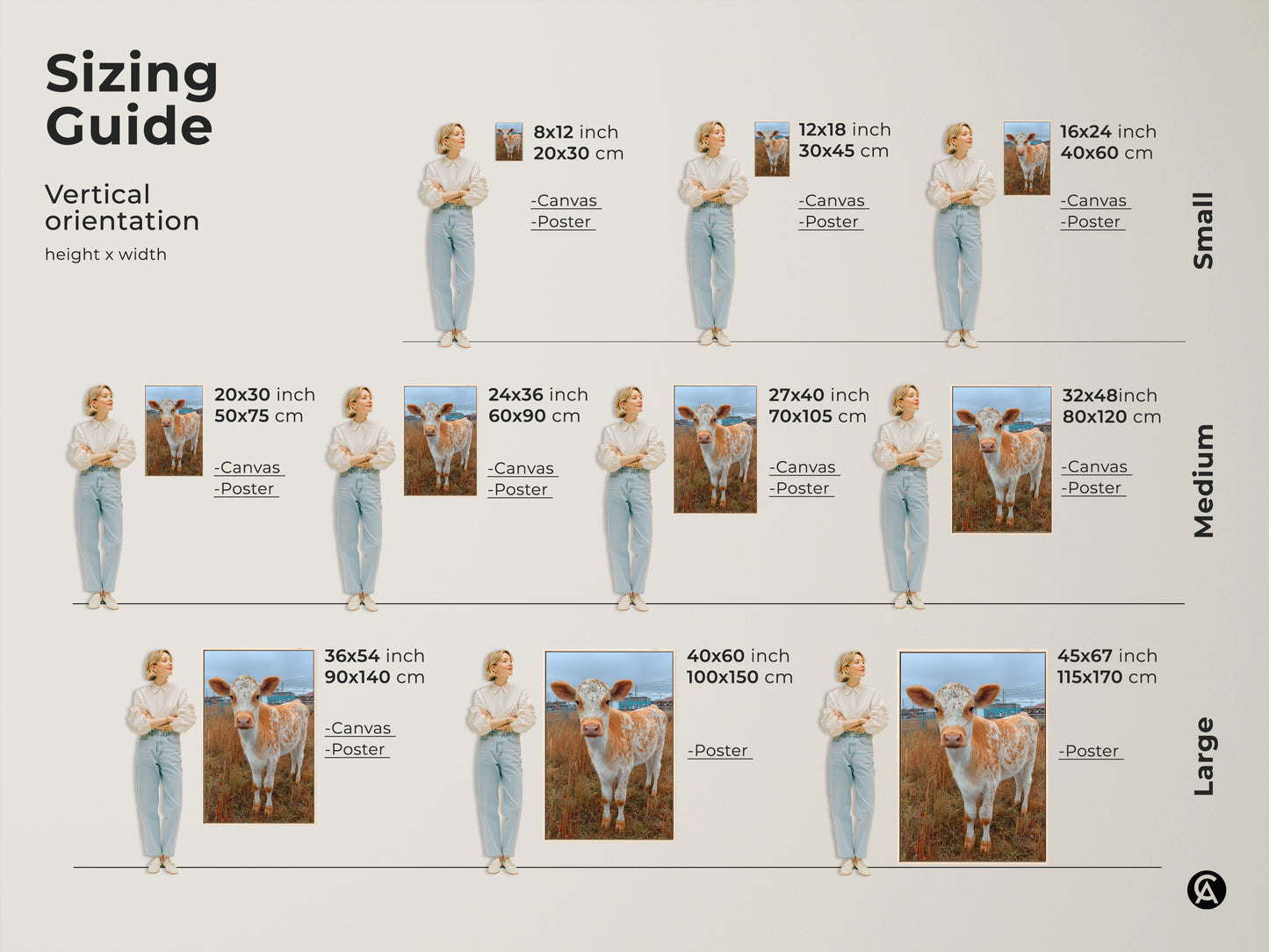 Sizing guide for Holstein calf art. Available in small medium and large sizes. Options include canvas and poster prints. Find the perfect vertical artwork to fit your space today. View height and width dimensions.