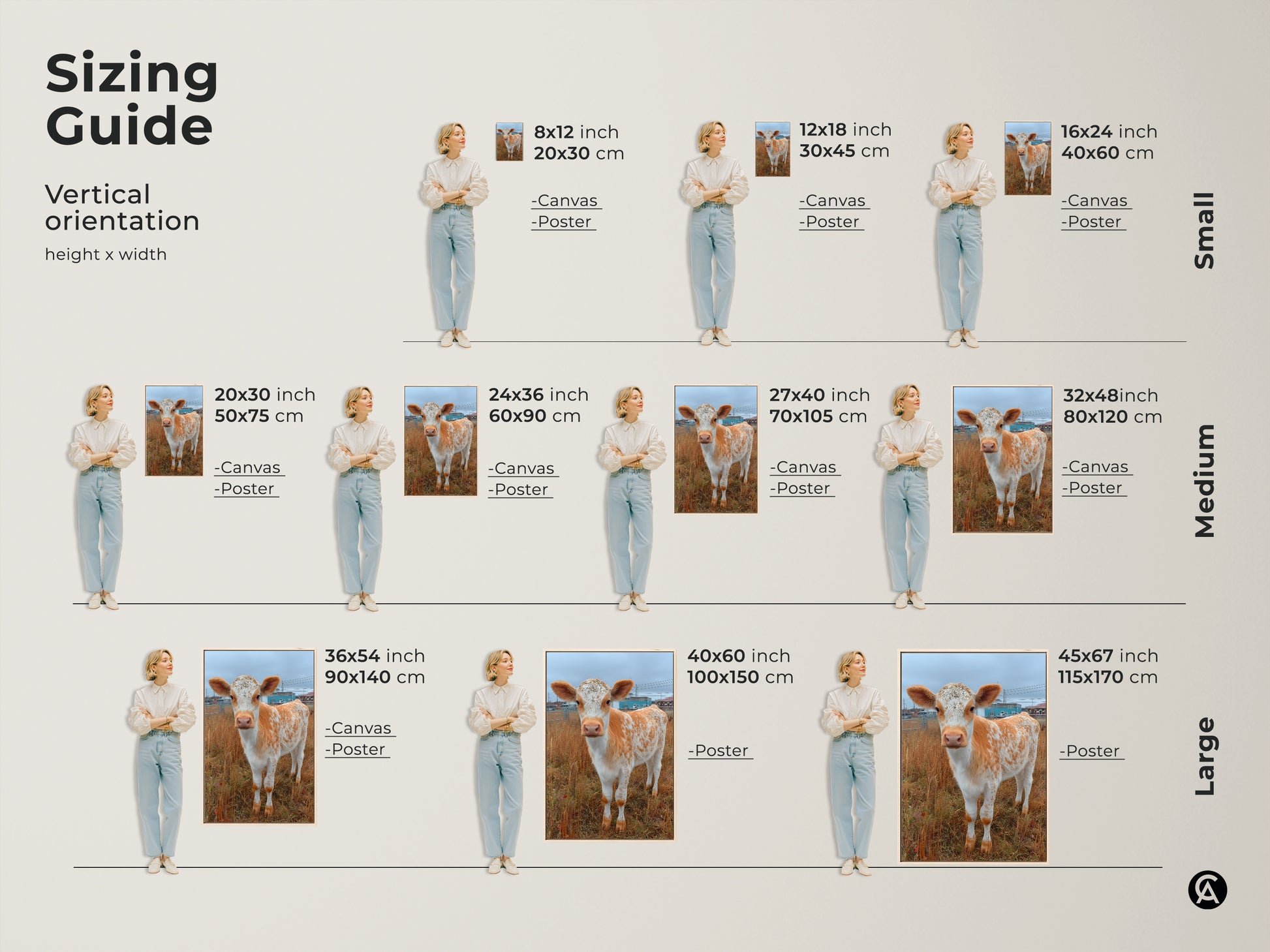Sizing guide for Holstein calf art. Available in small medium and large sizes. Options include canvas and poster prints. Find the perfect vertical artwork to fit your space today. View height and width dimensions.