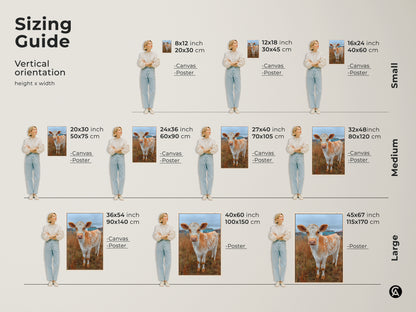 Sizing guide for Holstein calf art. Available in small medium and large sizes. Options include canvas and poster prints. Find the perfect vertical artwork to fit your space today. View height and width dimensions.