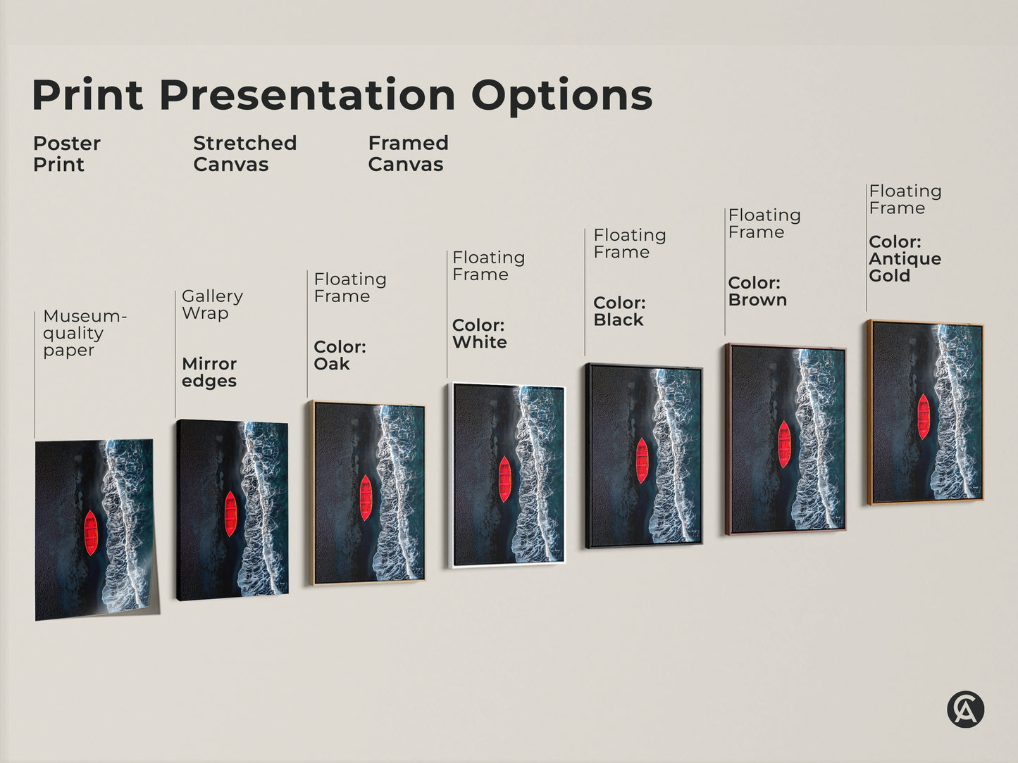 Explore our print presentation options. Choose from poster prints stretched canvas and framed canvas options. Find the perfect style to showcase this striking artwork. Featuring a red boat on a black sand beach.