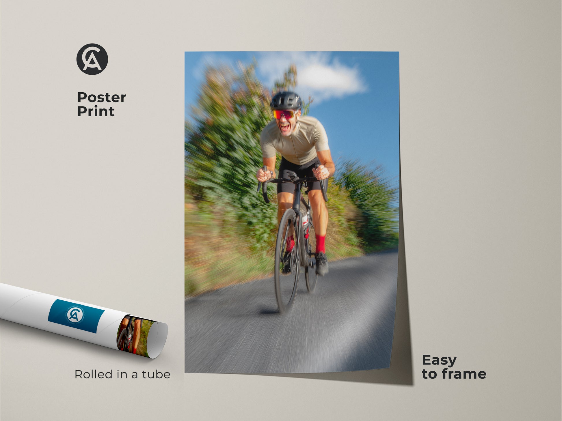 Poster print of a road cyclist. Rolled in a tube for easy framing this action photography captures a dynamic moment. It's a contemporary blue grey art piece. This cycling art is an inspiring gift for any cyclist.