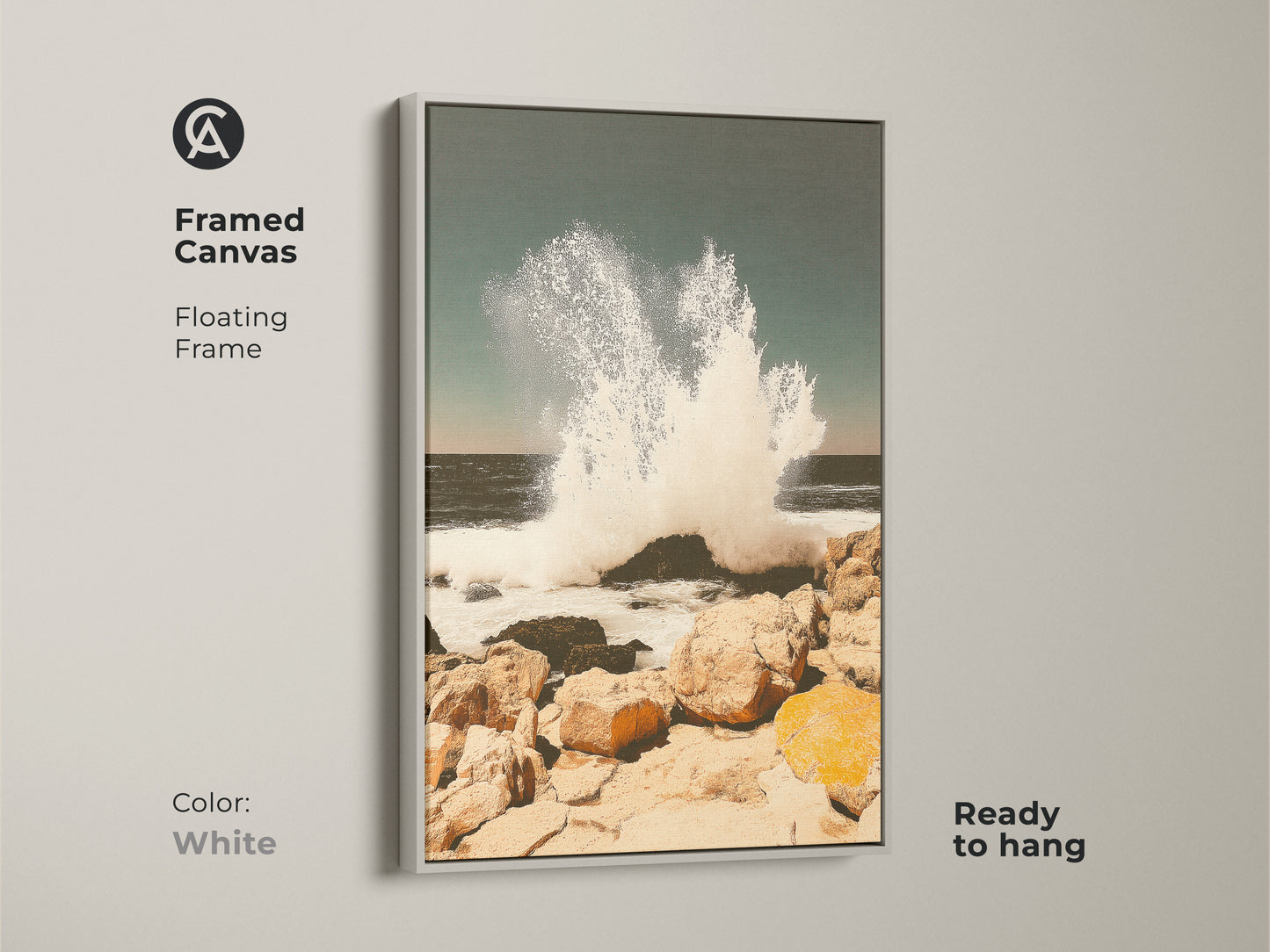 Print presentation options featuring teal wave art. Options include poster print stretched canvas and framed canvas in various colors. This museum-quality artwork is perfect for coastal decor and adds a touch of nature-inspired elegance.