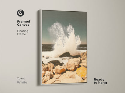 Print presentation options featuring teal wave art. Options include poster print stretched canvas and framed canvas in various colors. This museum-quality artwork is perfect for coastal decor and adds a touch of nature-inspired elegance.