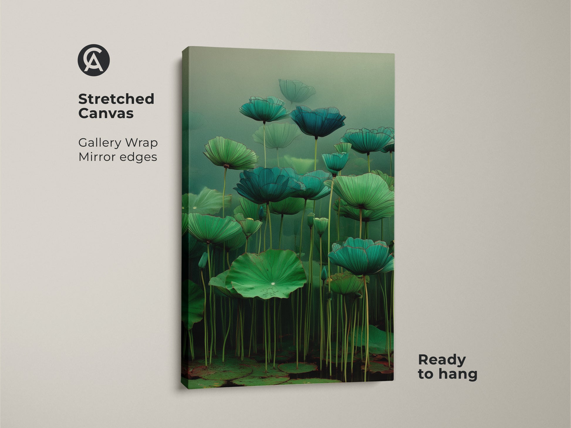 Stretched canvas featuring Emerald Zen Ink Lotus Wall Art. This teal water lily art showcases a gallery wrap and mirror edges. It's ready to hang. The zen ink botanical print adds a minimalist touch. This japandi style wall art is serene.
