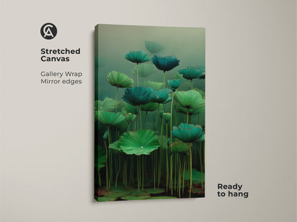 Stretched canvas featuring Emerald Zen Ink Lotus Wall Art. This teal water lily art showcases a gallery wrap and mirror edges. It's ready to hang. The zen ink botanical print adds a minimalist touch. This japandi style wall art is serene.