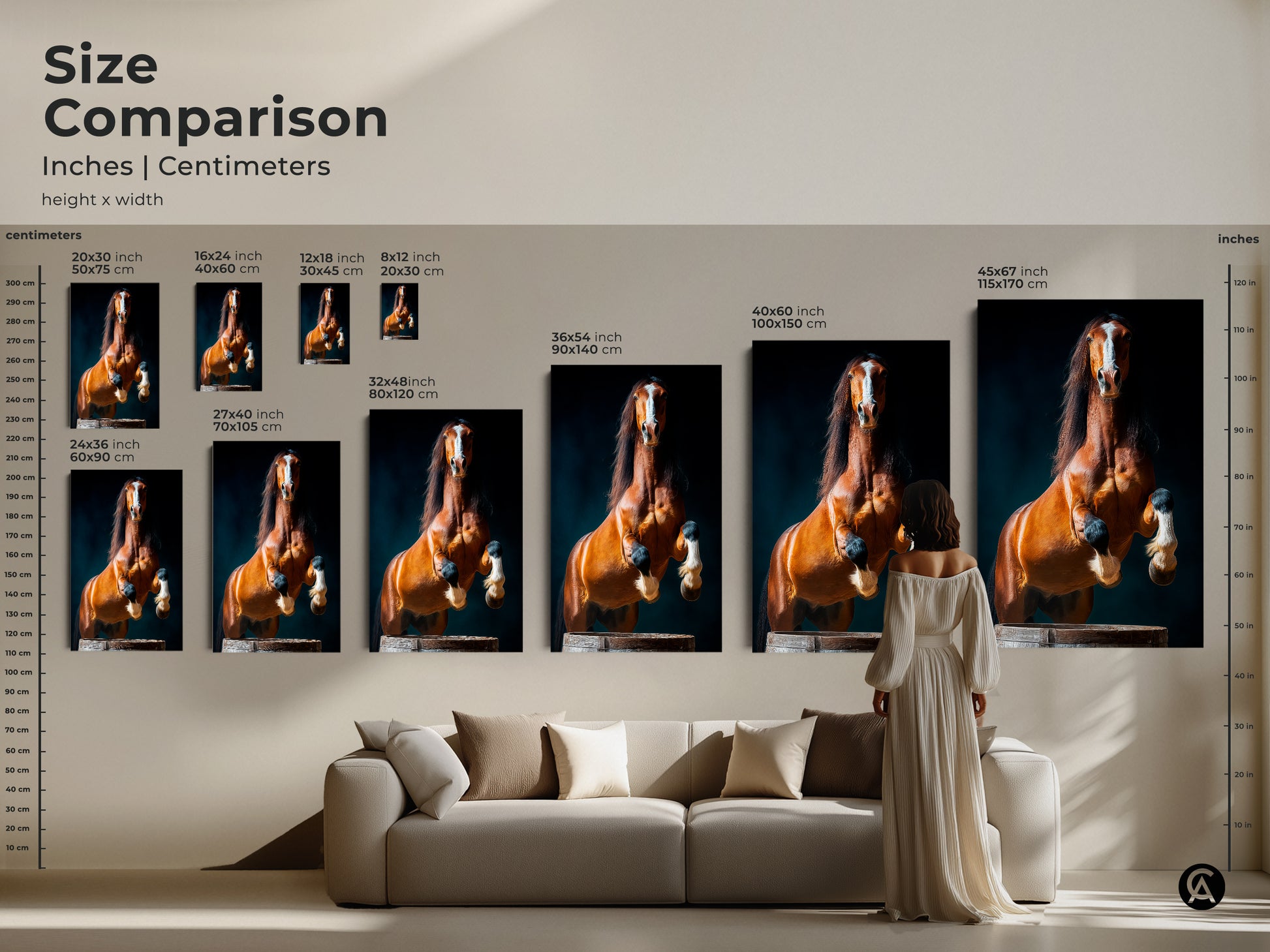 Size comparison of the inches and centimeters of rearing chestnut horse artwork. See how the sizes look over a couch. This contemporary animal art is perfect for any equestrian enthusiast.