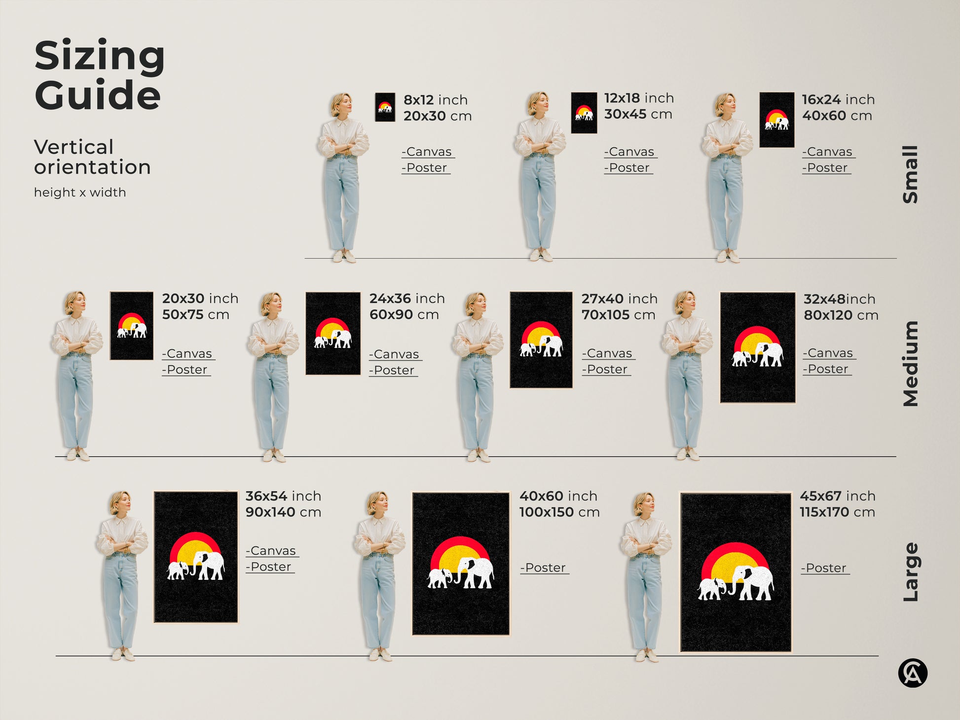 Sizing guide for minimalist elephant art. Vertical orientation options available in canvas or poster prints. Sizes range from small to large. Find the perfect fit for your space with this animal artwork.