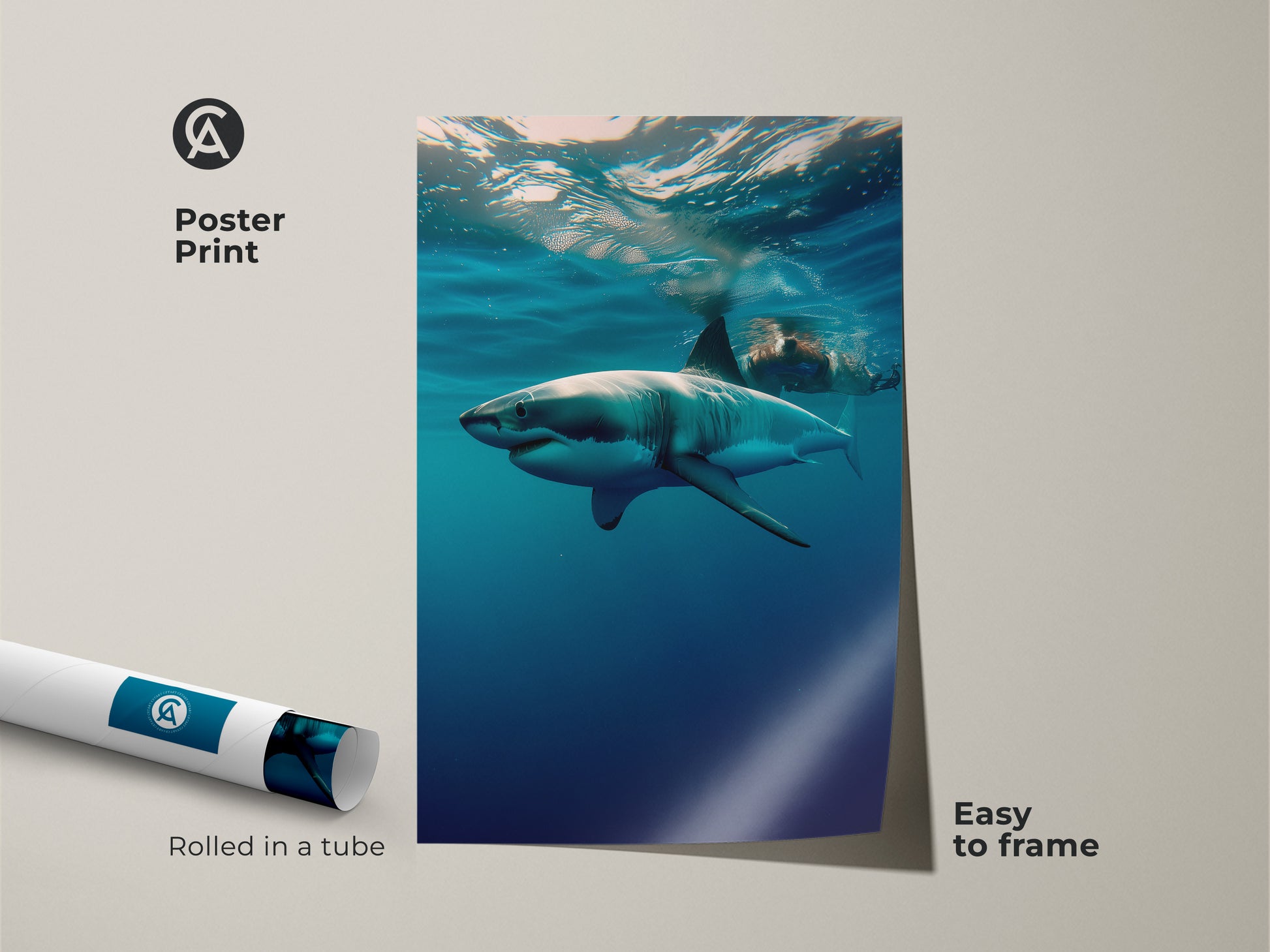 Poster print of an Underwater Great White Shark. The ocean wildlife photography shows the powerful predator in its natural habitat. This blue ocean animal print is easy to frame. It's a unique piece of marine life canvas art for any ocean fan.