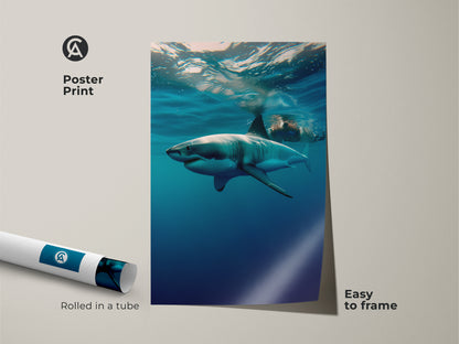 Poster print of an Underwater Great White Shark. The ocean wildlife photography shows the powerful predator in its natural habitat. This blue ocean animal print is easy to frame. It's a unique piece of marine life canvas art for any ocean fan.
