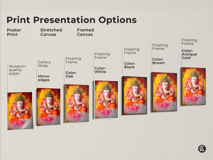 Explore print presentation options with Lord Ganesha artwork. Choose from poster prints to stretched canvas and framed canvas. Find floating frames in black brown oak white and antique gold. Museum-quality paper and mirror edges available. Spiritual wall art.