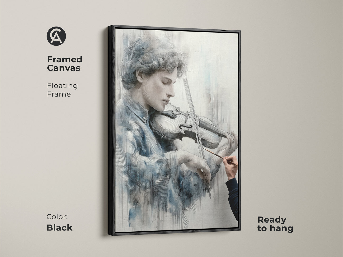Black framed canvas art highlighting a young violinist. The floating frame enhances the artwork. Ready to hang this fine art print adds a modern touch to your decor. A sophisticated piece for any art collection. Enjoy the beauty of music.