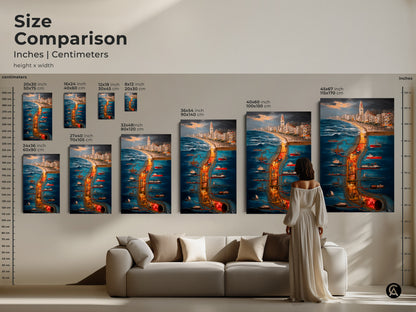 Size comparison of a detailed illustration art print featuring a surreal cityscape maritime industrial scene art print. See how sizes fit with your space. This deep blue orange and yellow wall decor is perfect for eclectic home decor. Find the ideal size for this maritime industrial canvas.