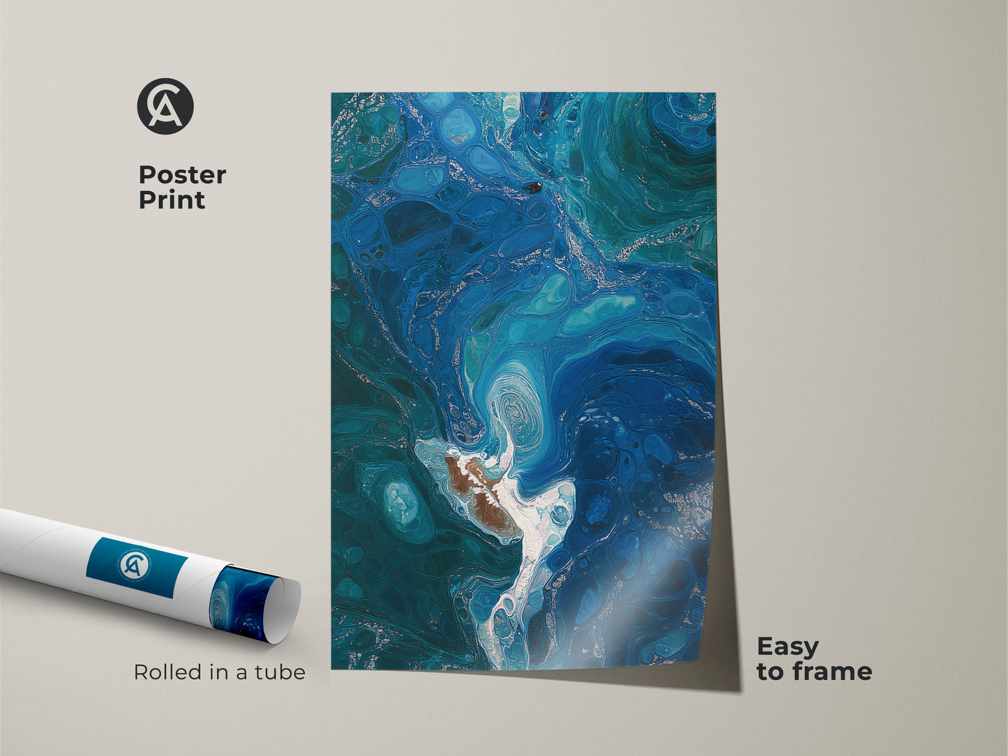 Poster print of abstract ocean waves fluid art. Deep blue and teal marbling effect wall art easy to frame. Rolled in a tube for convenient shipping. This museum-quality paper print is perfect as office wall art abstract or coastal themed artwork.
