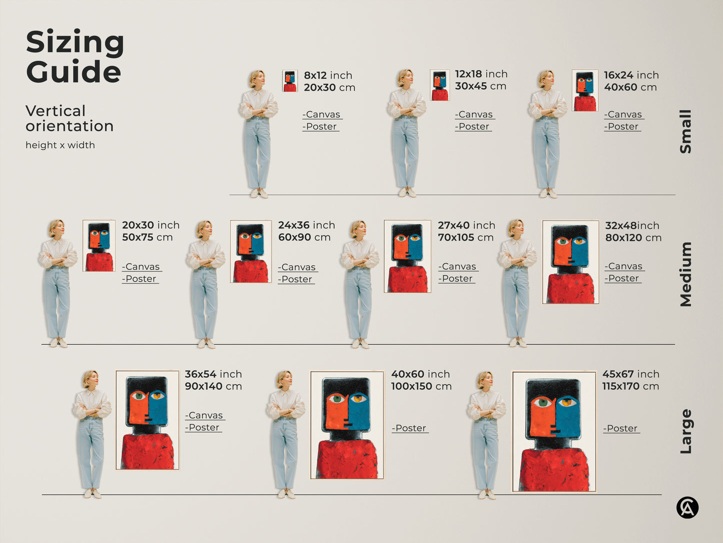 Sizing Guide showing sizes from Small Medium to Large of a Contemporary Abstract Face Portrait artwork. The red and blue figurative art adds eclectic charm to a modern bedroom.