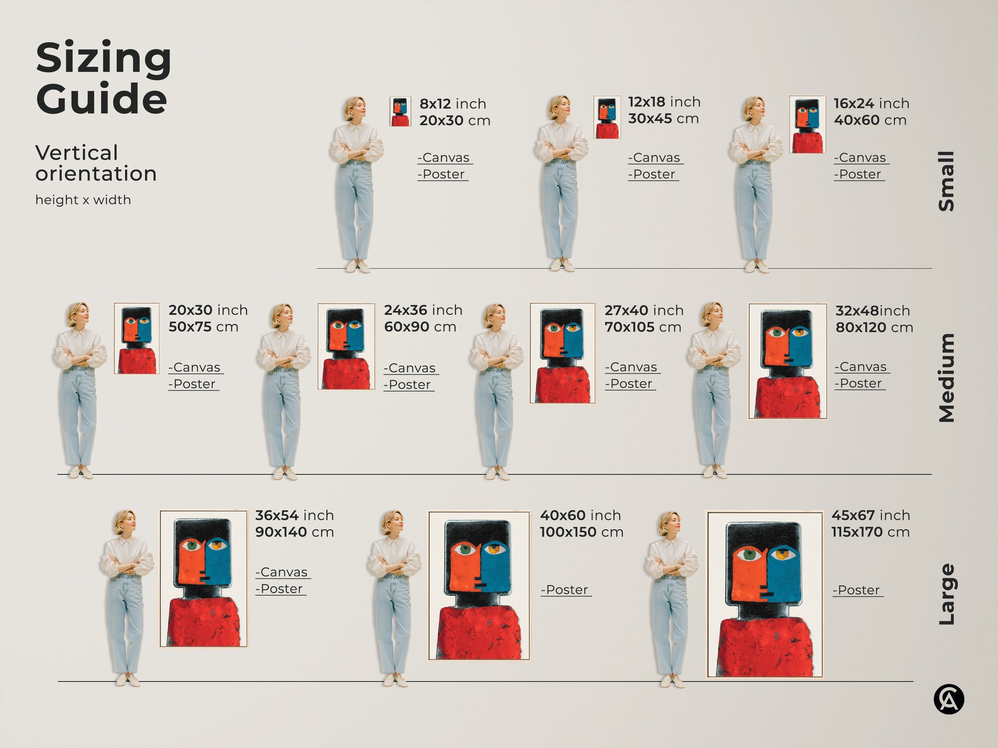 Sizing Guide showing sizes from Small Medium to Large of a Contemporary Abstract Face Portrait artwork. The red and blue figurative art adds eclectic charm to a modern bedroom.