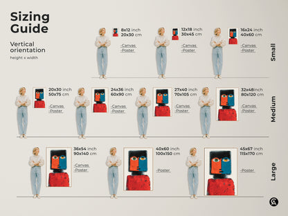 Sizing Guide showing sizes from Small Medium to Large of a Contemporary Abstract Face Portrait artwork. The red and blue figurative art adds eclectic charm to a modern bedroom.