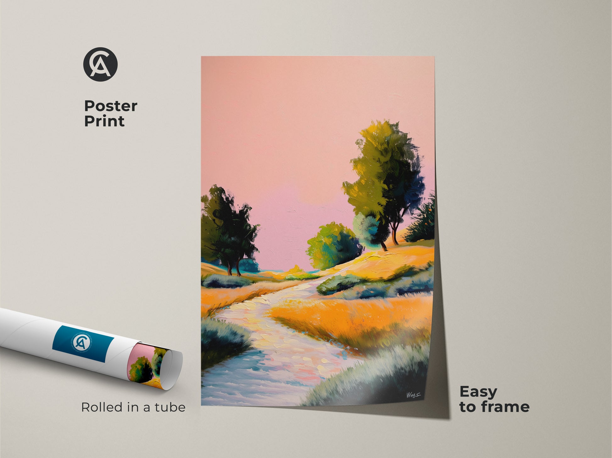 Poster print of a pink yellow orange landscape. The boho river trees canvas print is rolled in a tube and easy to frame. This expressive nature artwork enhances any bedroom wall decor boho.